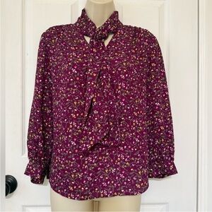 Banana Republic Burgundy Floral Tie Neck Long Sleeve Blouse Size S